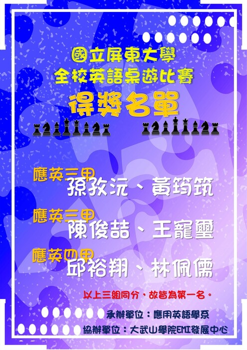 狂賀 ! 應用英語學系孫孜沅、黃筠筑、陳俊喆、王寵璽、邱裕翔、林佩儒同學榮獲全校英語桌遊比賽並列第一名。圖片
